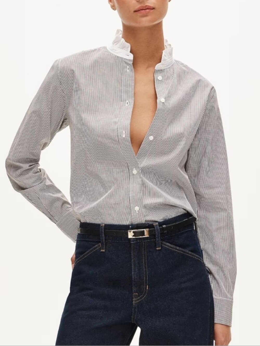 J crew Jules ruffle-collar shirt in striped cotton poplin Chocolate Brown CU490
